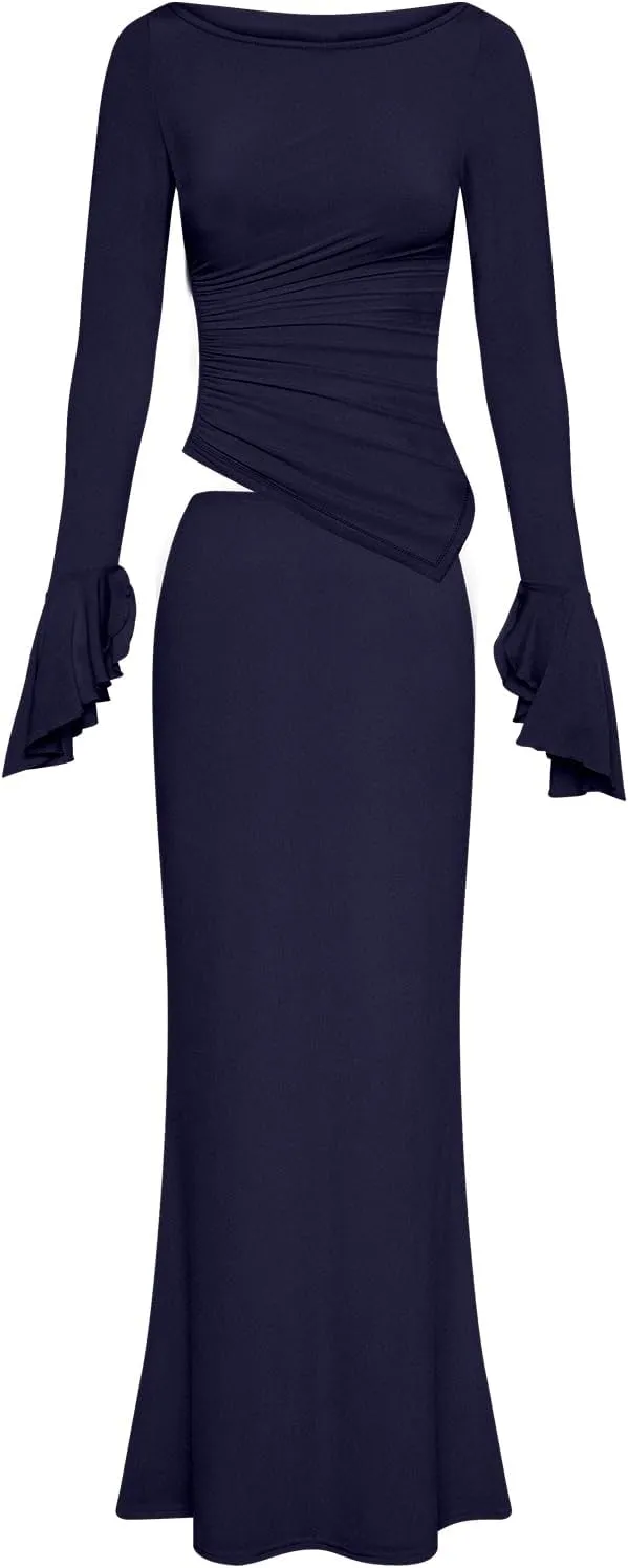 Lrady Womens 2 Piece Sets Long Sleeve Crewneck Cropped Top Slim High Waist Party Maxi Pencil Skirts Long Dress Outfits
