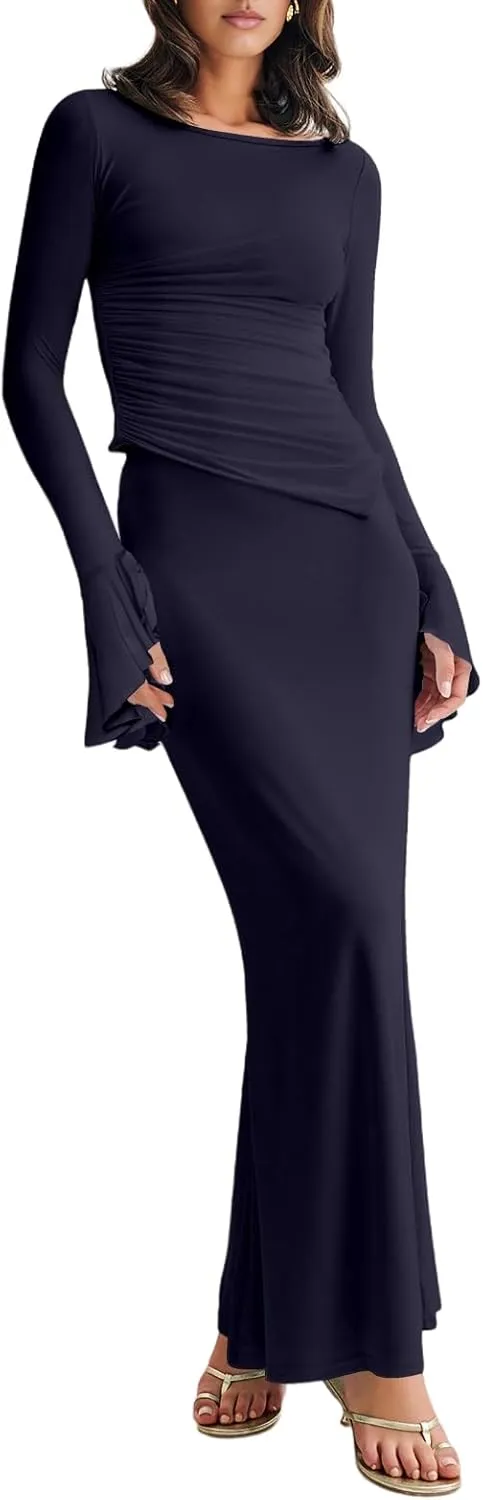 Lrady Womens 2 Piece Sets Long Sleeve Crewneck Cropped Top Slim High Waist Party Maxi Pencil Skirts Long Dress Outfits