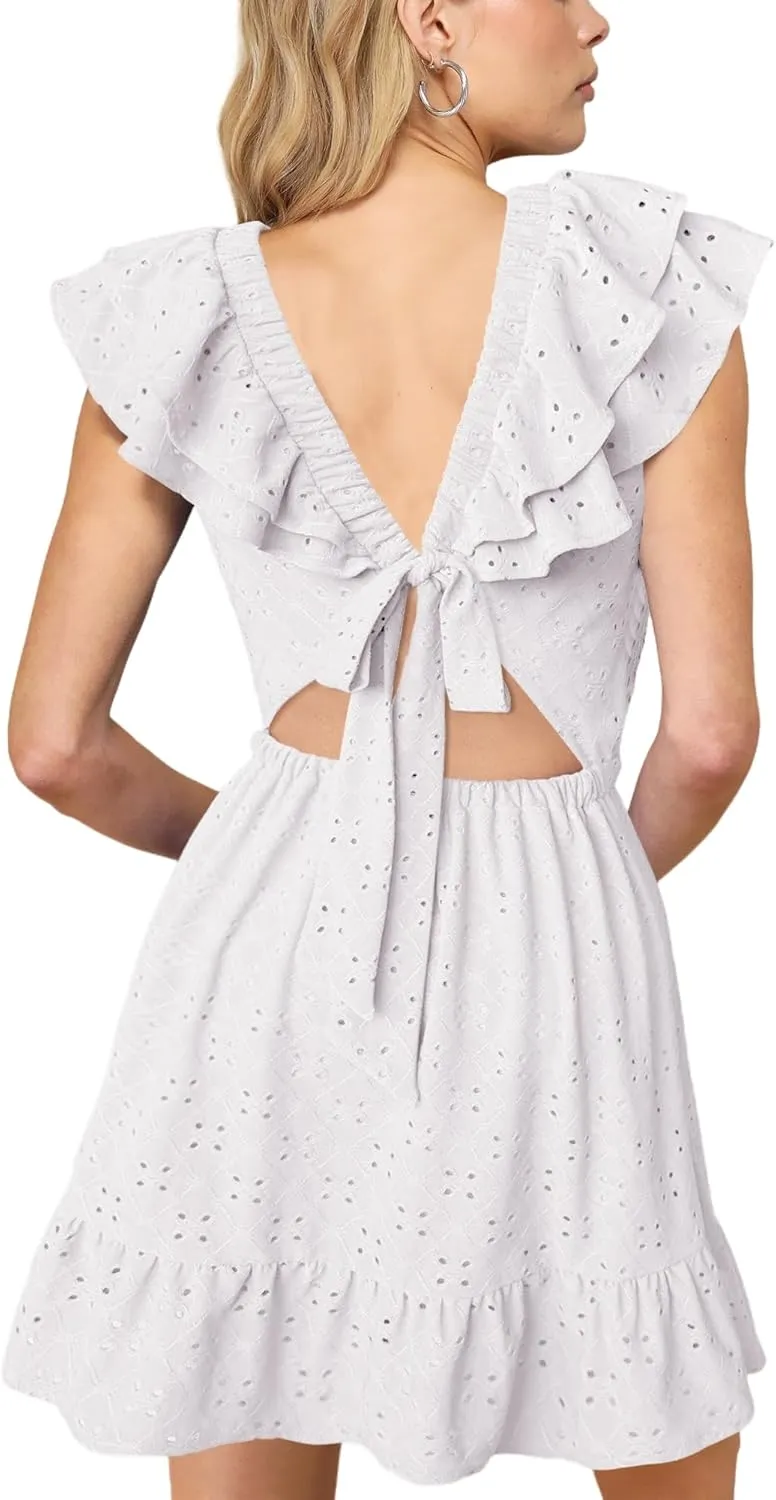 Lrady Womens Deep V Neck Tie Back Ruffle Sleeveless A Line Flowy Swing Shift Short Mini Dress