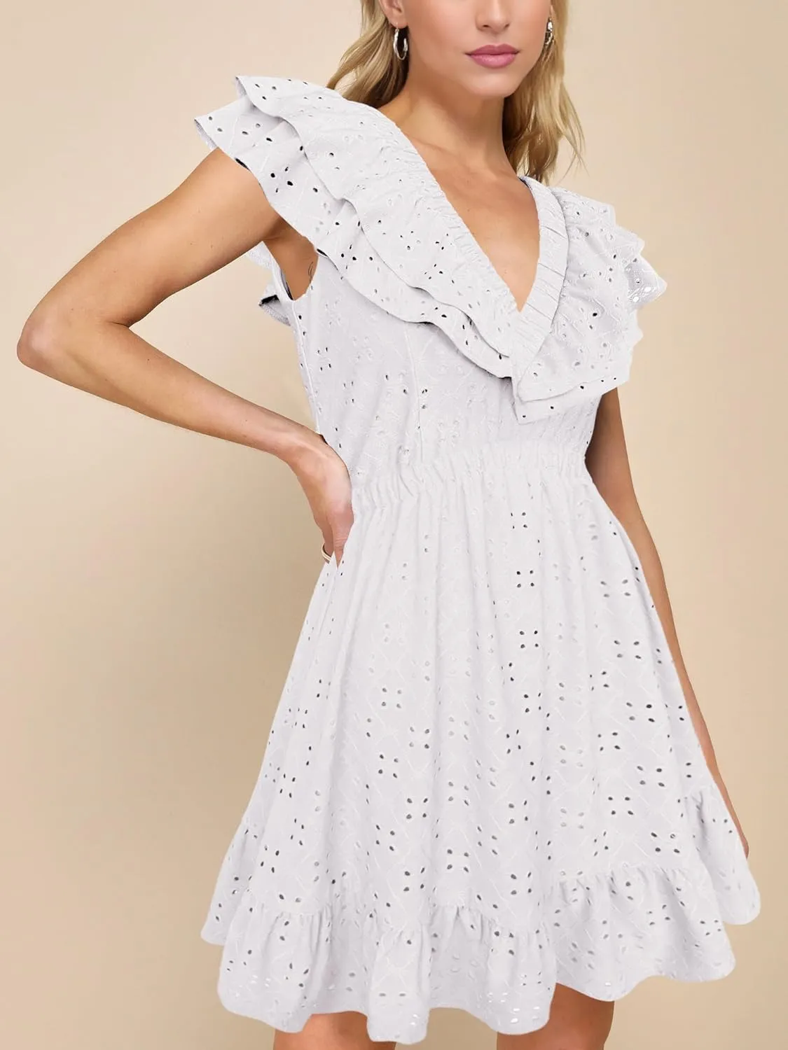 Lrady Womens Deep V Neck Tie Back Ruffle Sleeveless A Line Flowy Swing Shift Short Mini Dress
