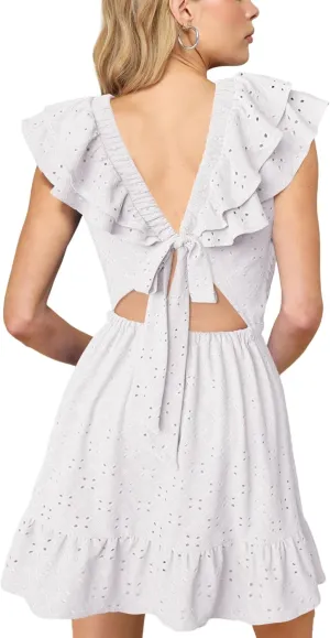 Lrady Womens Deep V Neck Tie Back Ruffle Sleeveless A Line Flowy Swing Shift Short Mini Dress