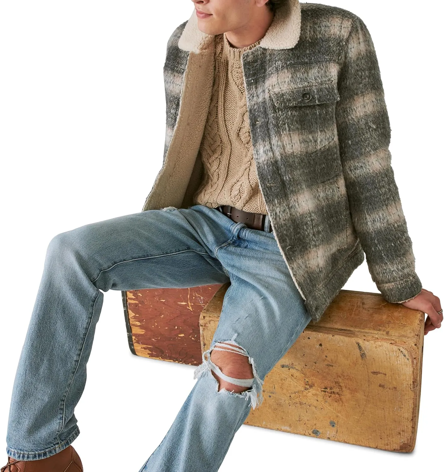 Lucky Brand Men's Plaid Faux Shearling Lined Trucker Jacket