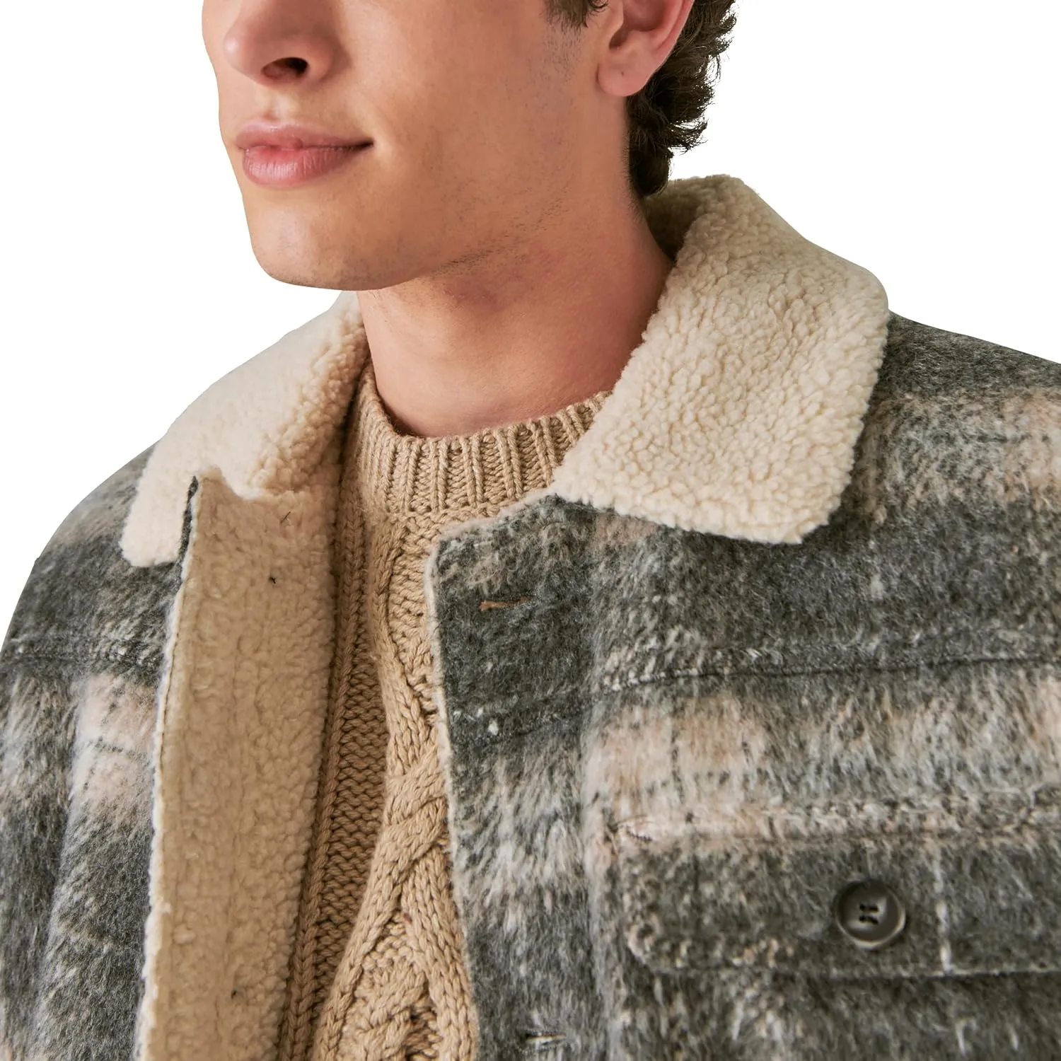 Lucky Brand Men's Plaid Faux Shearling Lined Trucker Jacket