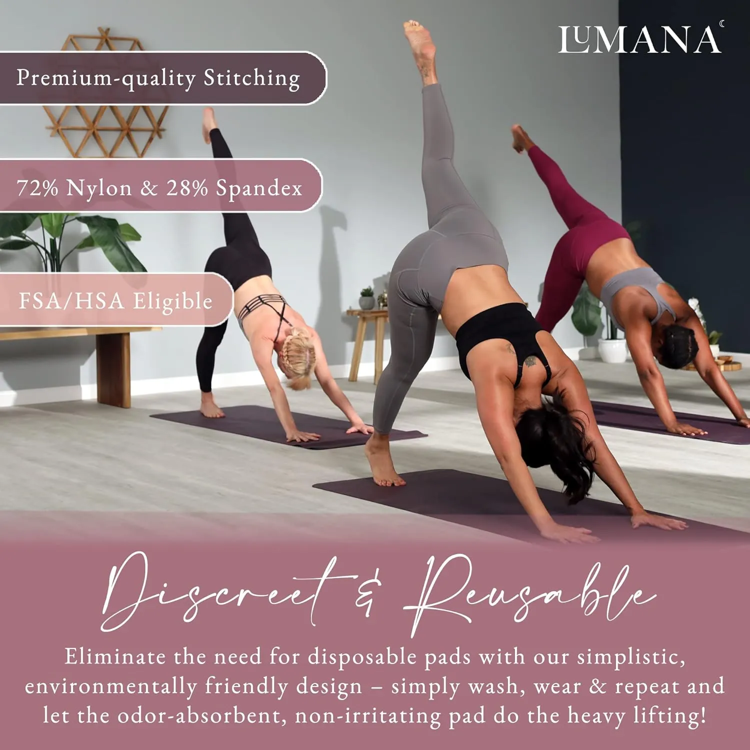 LUMANA Leakproof Womens Leggings: Menstrual   Bladder Control Yoga Pants with Pockets - Built-in Catch All Pads (22" Inseam)