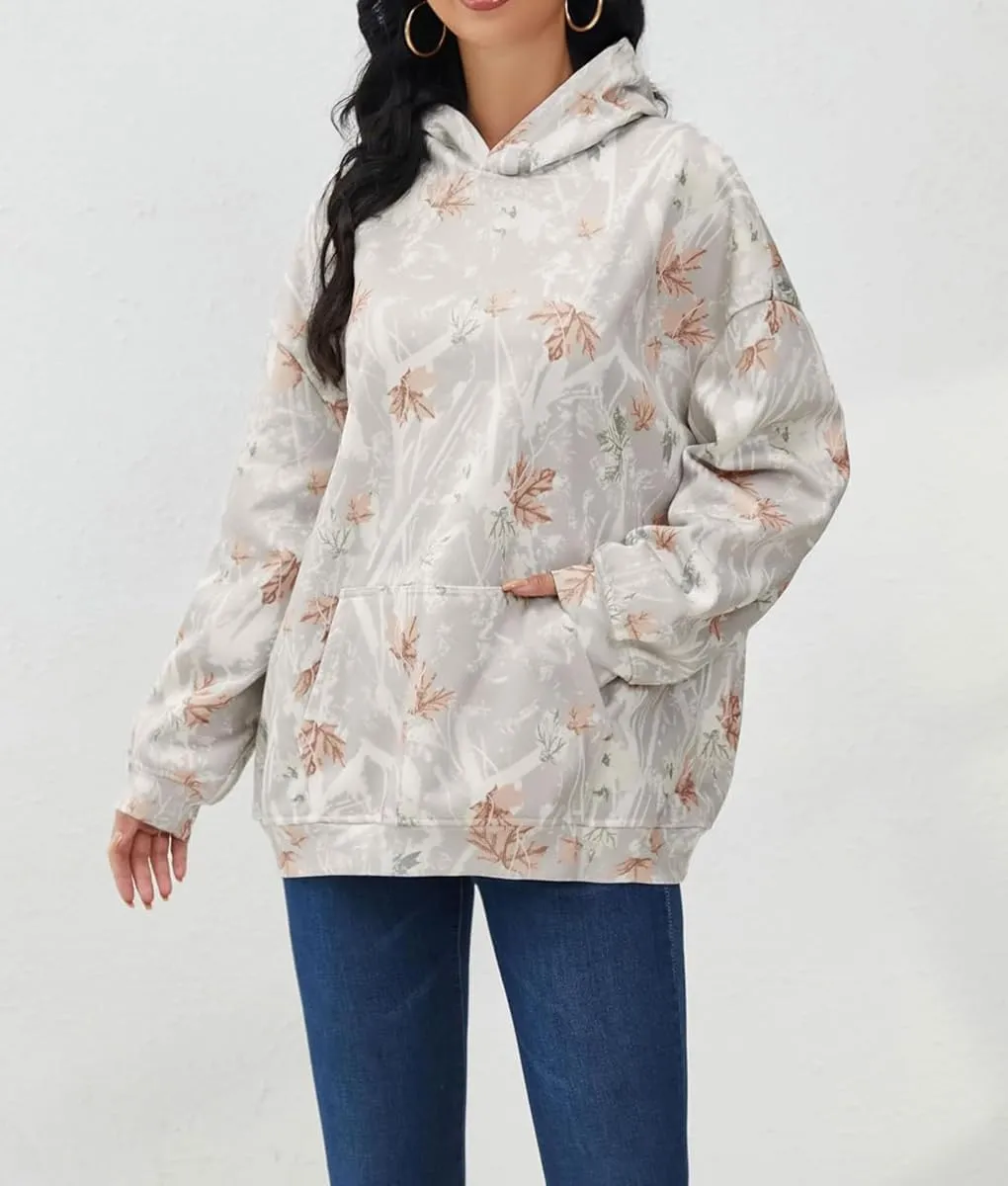 Lynkiss Womens Cotton Fleece Camo Hoodies Maple Leaf Print Oversized Hoodies Sweatshirt Pullover with Pocket