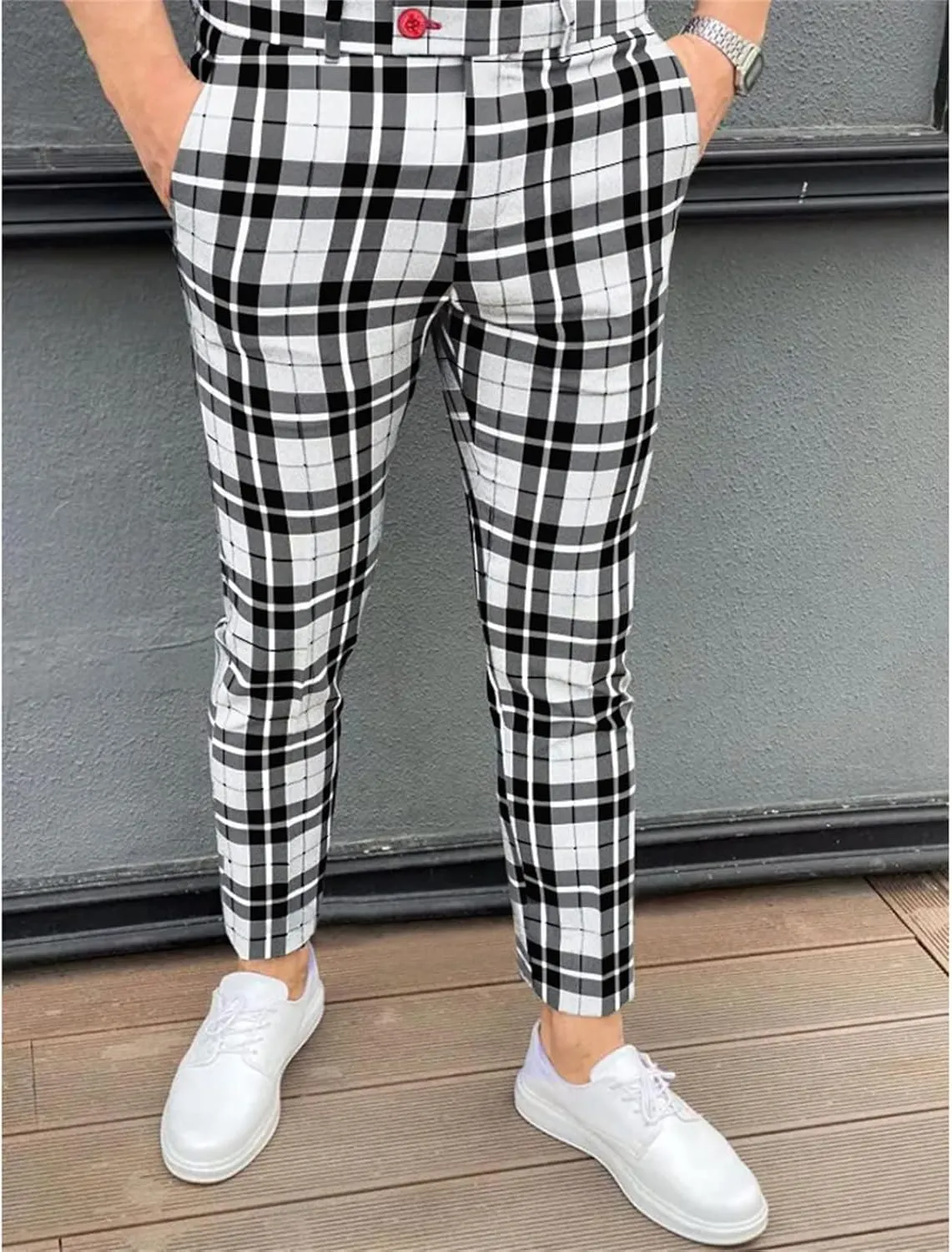Maiyifu-GJ Men Plaid Dress Chino Pants Casual Stretch Slim Fit Business Trousers Checked Flat Front Skinny Golf Long Pant