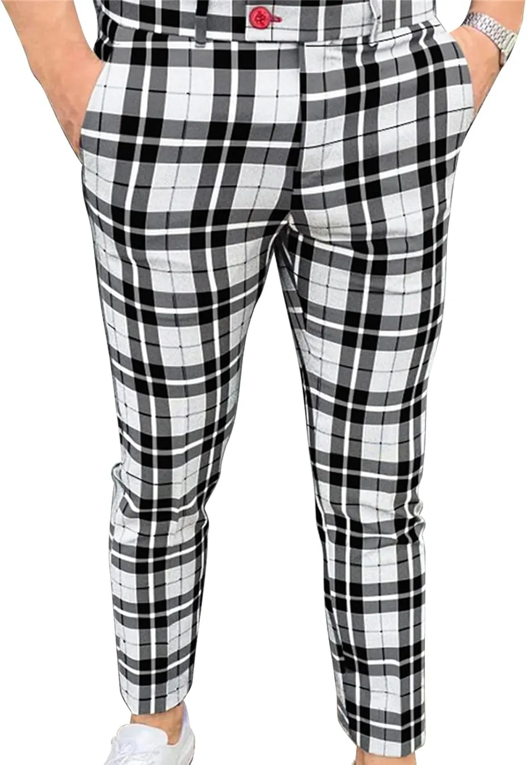 Maiyifu-GJ Men Plaid Dress Chino Pants Casual Stretch Slim Fit Business Trousers Checked Flat Front Skinny Golf Long Pant