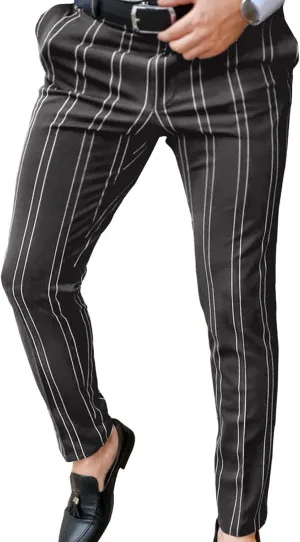 Maiyifu-GJ Men's Stripe Printed Dress Pants Flat Front Tapered Chino Pant Lightweight Stretch Skinny Wedding Trousers
