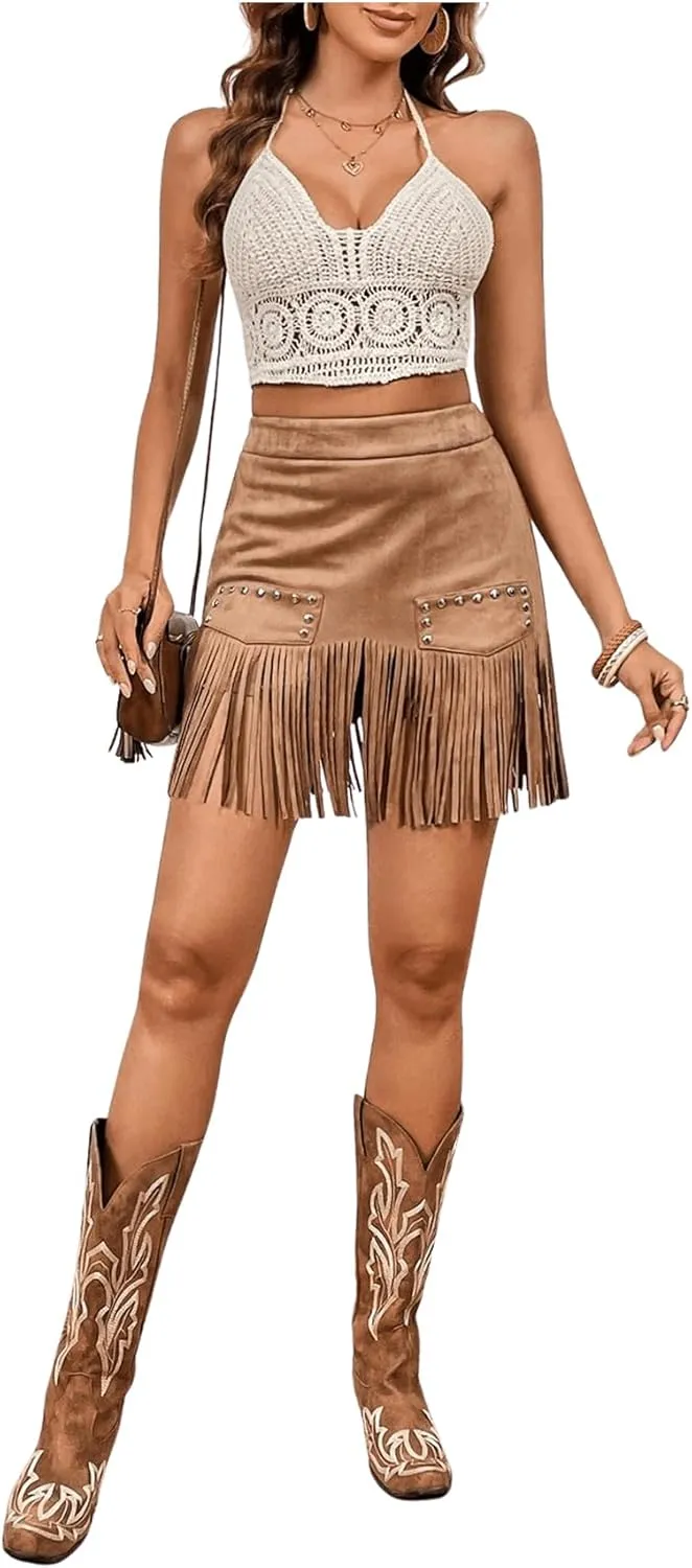 MakeMeChic Women's Faux Suede Fringe Hem Mini Skirt Studded Tassell Bodycon Short Skirts