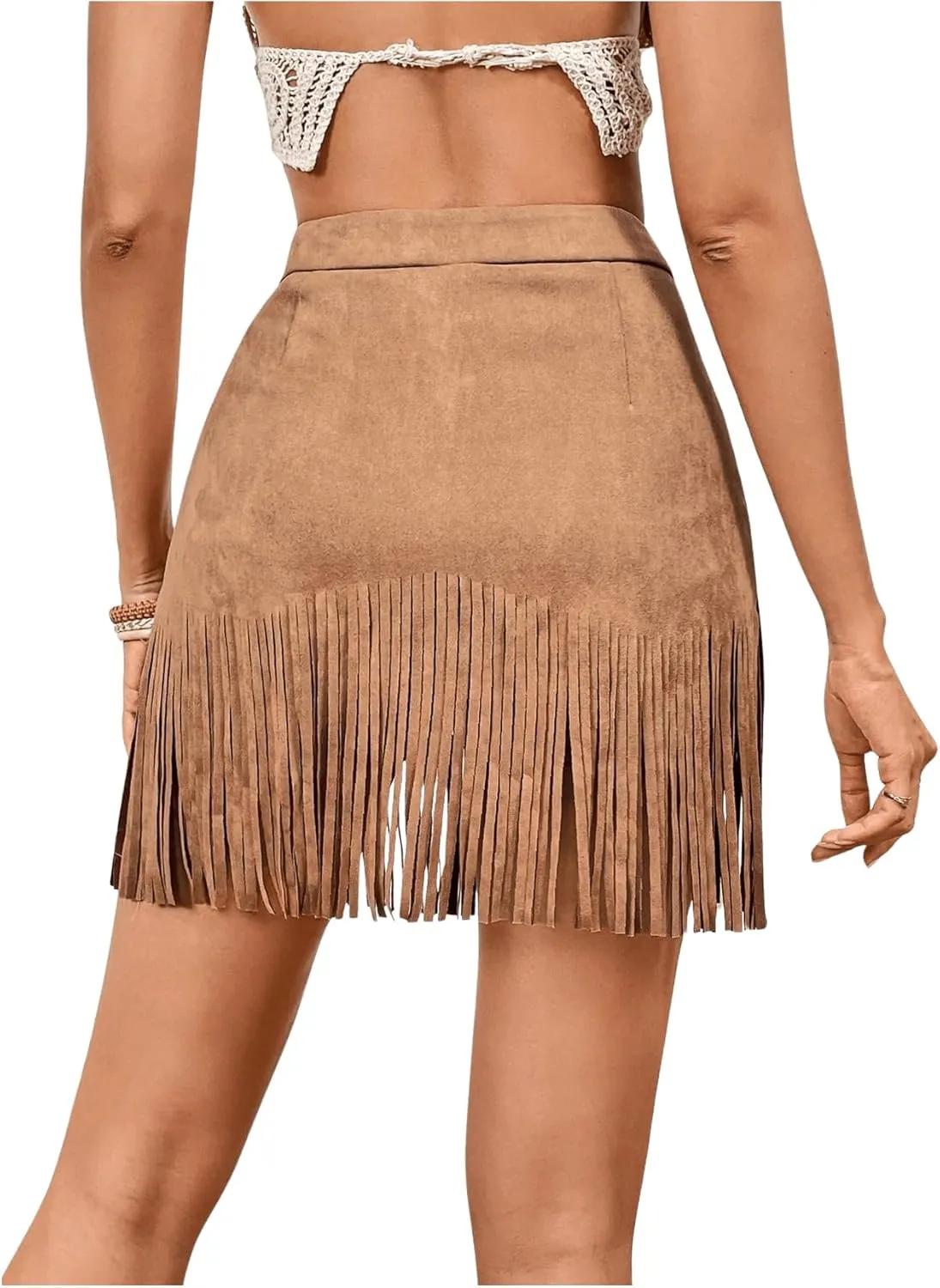 MakeMeChic Women's Faux Suede Fringe Hem Mini Skirt Studded Tassell Bodycon Short Skirts