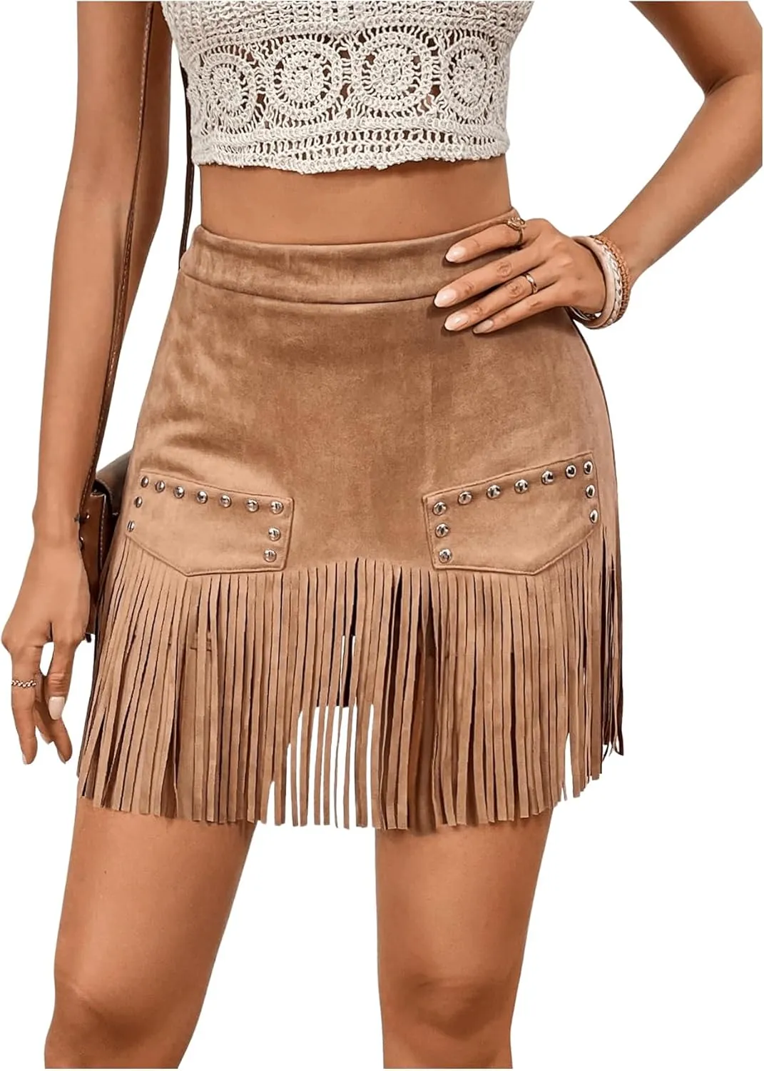 MakeMeChic Women's Faux Suede Fringe Hem Mini Skirt Studded Tassell Bodycon Short Skirts