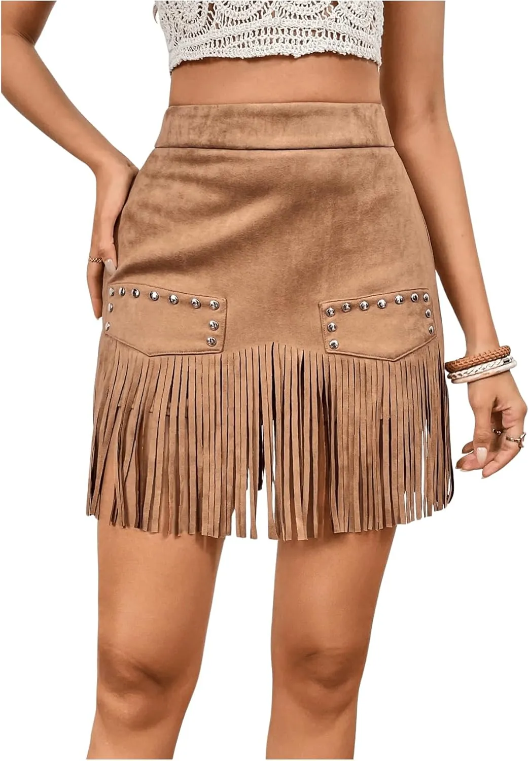 MakeMeChic Women's Faux Suede Fringe Hem Mini Skirt Studded Tassell Bodycon Short Skirts