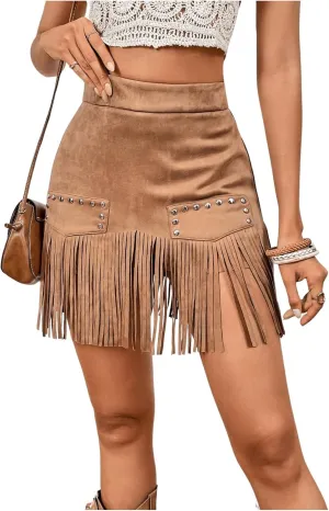 MakeMeChic Women's Faux Suede Fringe Hem Mini Skirt Studded Tassell Bodycon Short Skirts