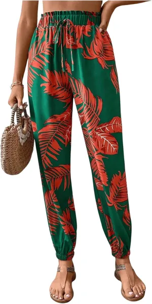 MakeMeChic Women's Summer Beach Tropical Printed Pants Hawaiian Palazzo Jogger Pant High Waist Trousers