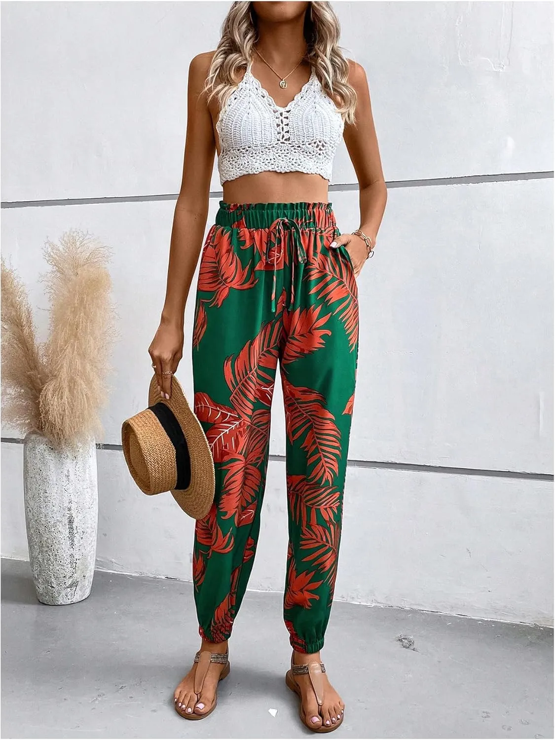 MakeMeChic Women's Summer Beach Tropical Printed Pants Hawaiian Palazzo Jogger Pant High Waist Trousers