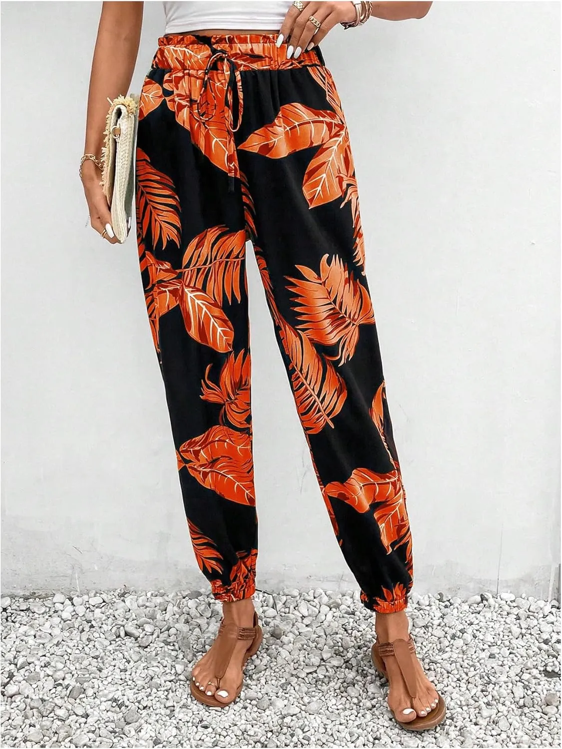 MakeMeChic Women's Summer Beach Tropical Printed Pants Hawaiian Palazzo Jogger Pant High Waist Trousers