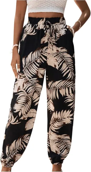 MakeMeChic Women's Summer Beach Tropical Printed Pants Hawaiian Palazzo Jogger Pant High Waist Trousers