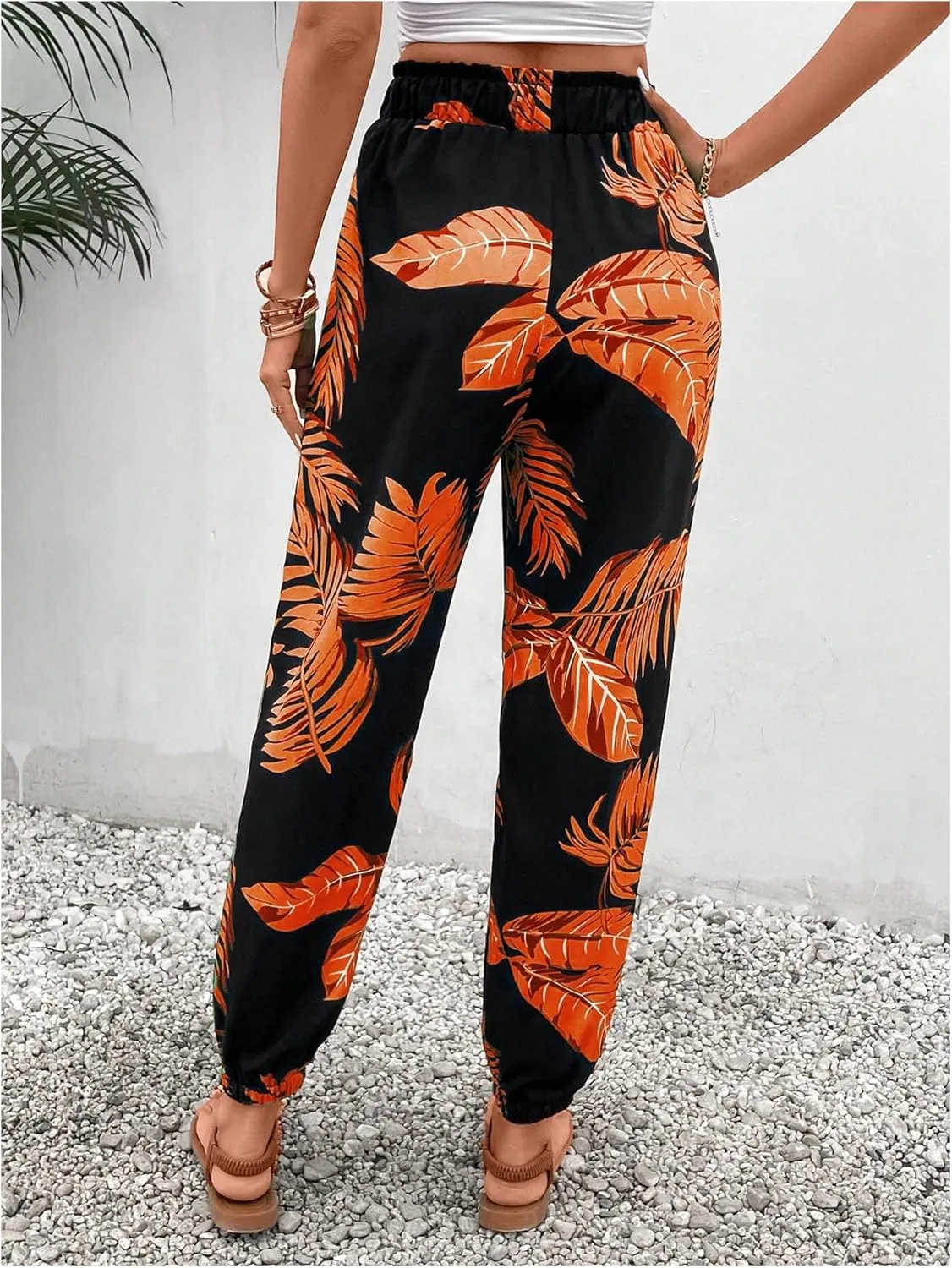 MakeMeChic Women's Summer Beach Tropical Printed Pants Hawaiian Palazzo Jogger Pant High Waist Trousers