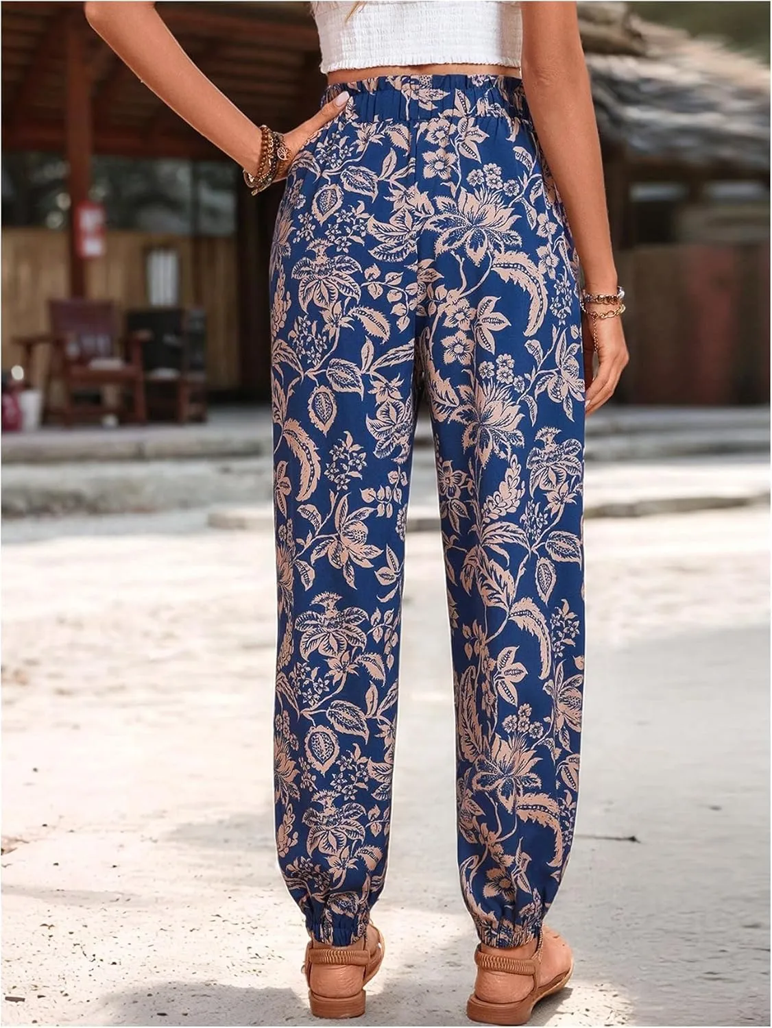 MakeMeChic Women's Summer Beach Tropical Printed Pants Hawaiian Palazzo Jogger Pant High Waist Trousers