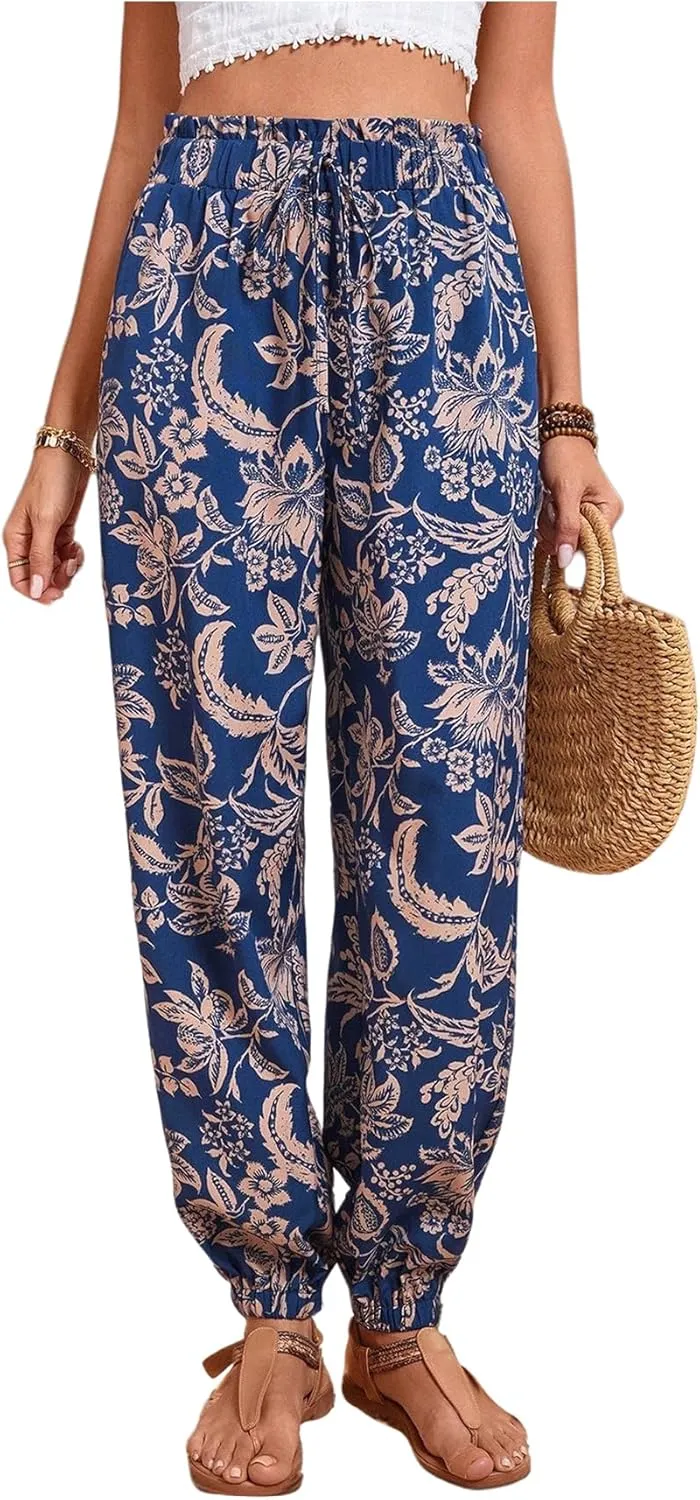 MakeMeChic Women's Summer Beach Tropical Printed Pants Hawaiian Palazzo Jogger Pant High Waist Trousers