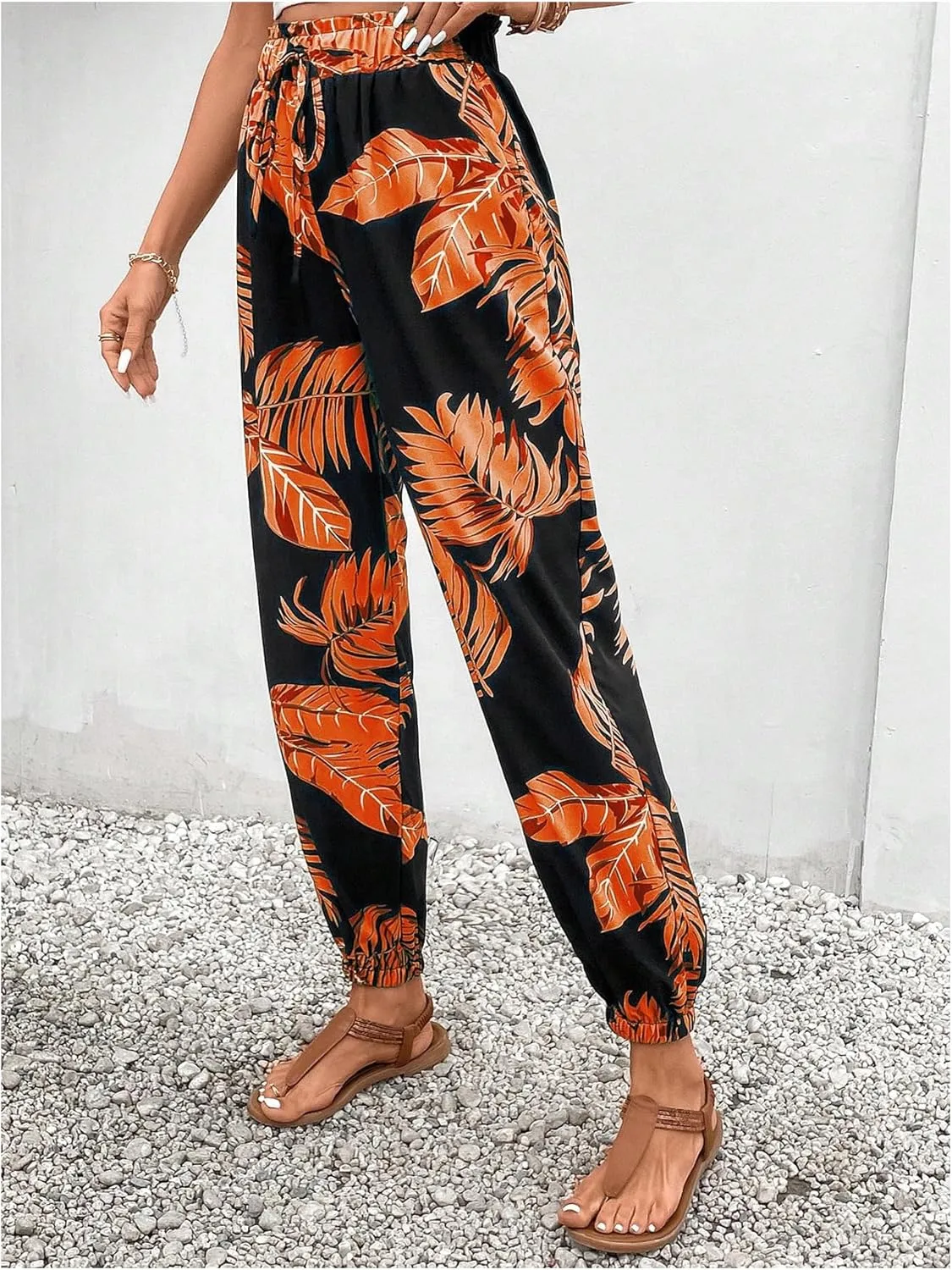 MakeMeChic Women's Summer Beach Tropical Printed Pants Hawaiian Palazzo Jogger Pant High Waist Trousers