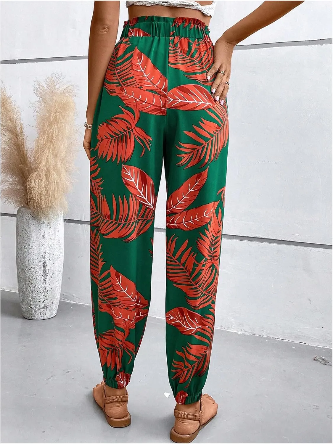 MakeMeChic Women's Summer Beach Tropical Printed Pants Hawaiian Palazzo Jogger Pant High Waist Trousers