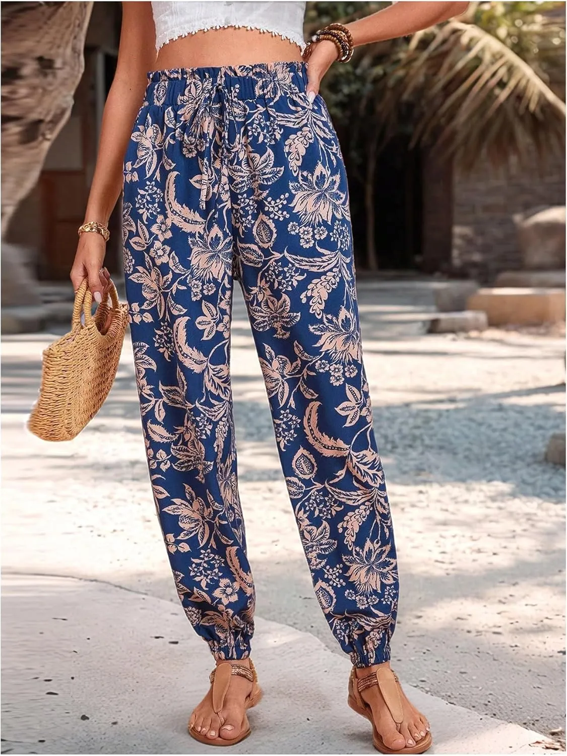 MakeMeChic Women's Summer Beach Tropical Printed Pants Hawaiian Palazzo Jogger Pant High Waist Trousers