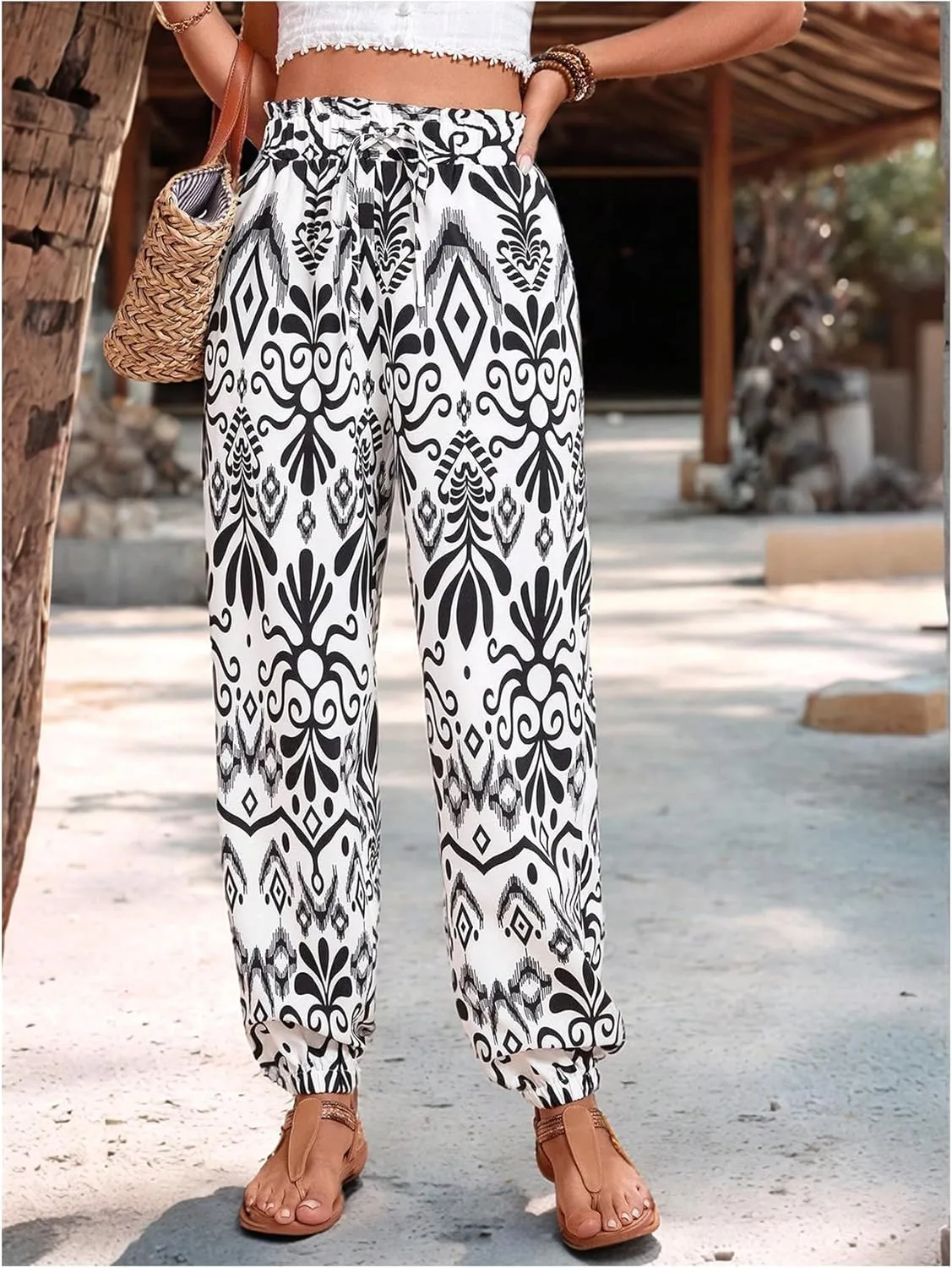 MakeMeChic Women's Summer Beach Tropical Printed Pants Hawaiian Palazzo Jogger Pant High Waist Trousers