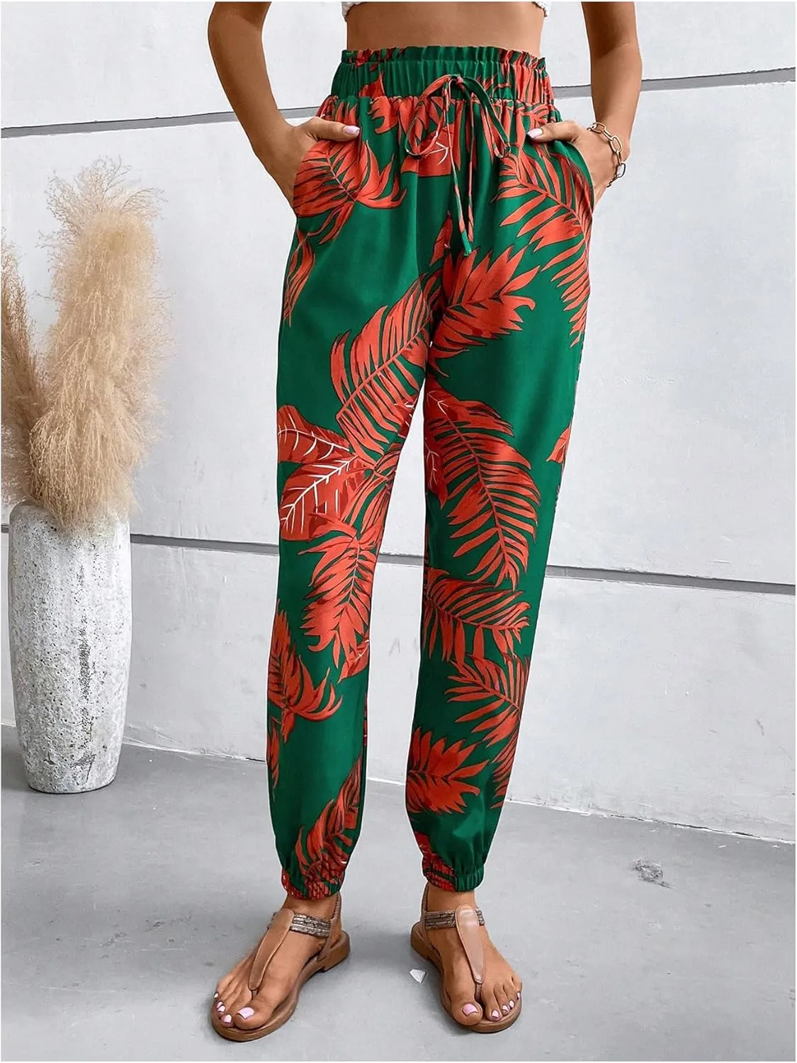 MakeMeChic Women's Summer Beach Tropical Printed Pants Hawaiian Palazzo Jogger Pant High Waist Trousers