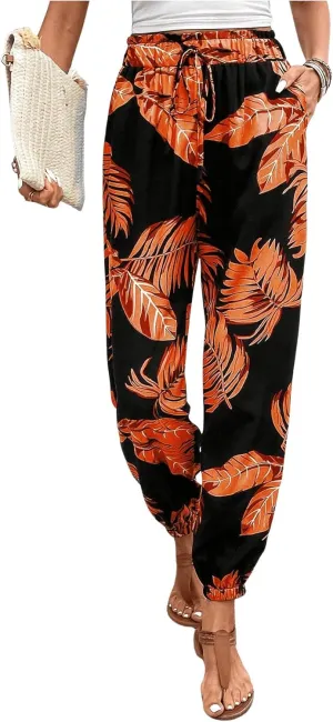 MakeMeChic Women's Summer Beach Tropical Printed Pants Hawaiian Palazzo Jogger Pant High Waist Trousers