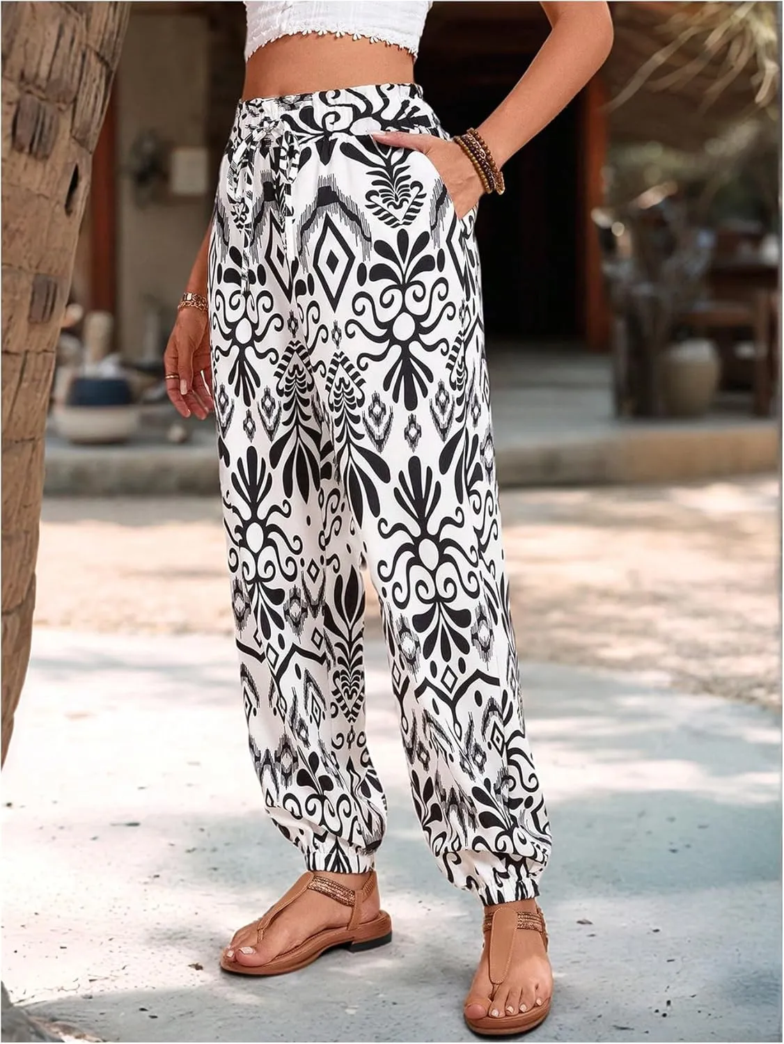 MakeMeChic Women's Summer Beach Tropical Printed Pants Hawaiian Palazzo Jogger Pant High Waist Trousers