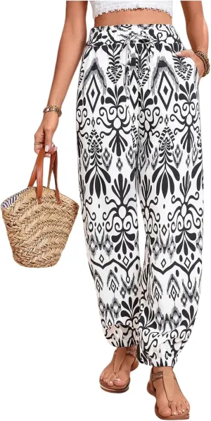 MakeMeChic Women's Summer Beach Tropical Printed Pants Hawaiian Palazzo Jogger Pant High Waist Trousers