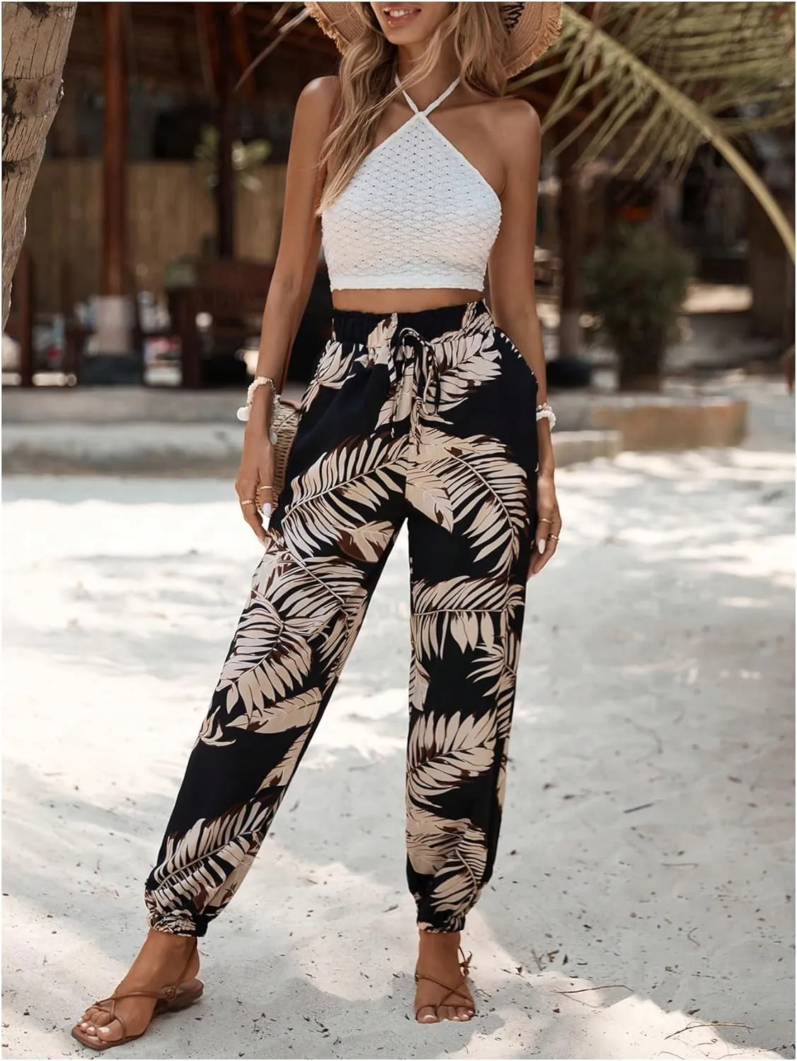 MakeMeChic Women's Summer Beach Tropical Printed Pants Hawaiian Palazzo Jogger Pant High Waist Trousers