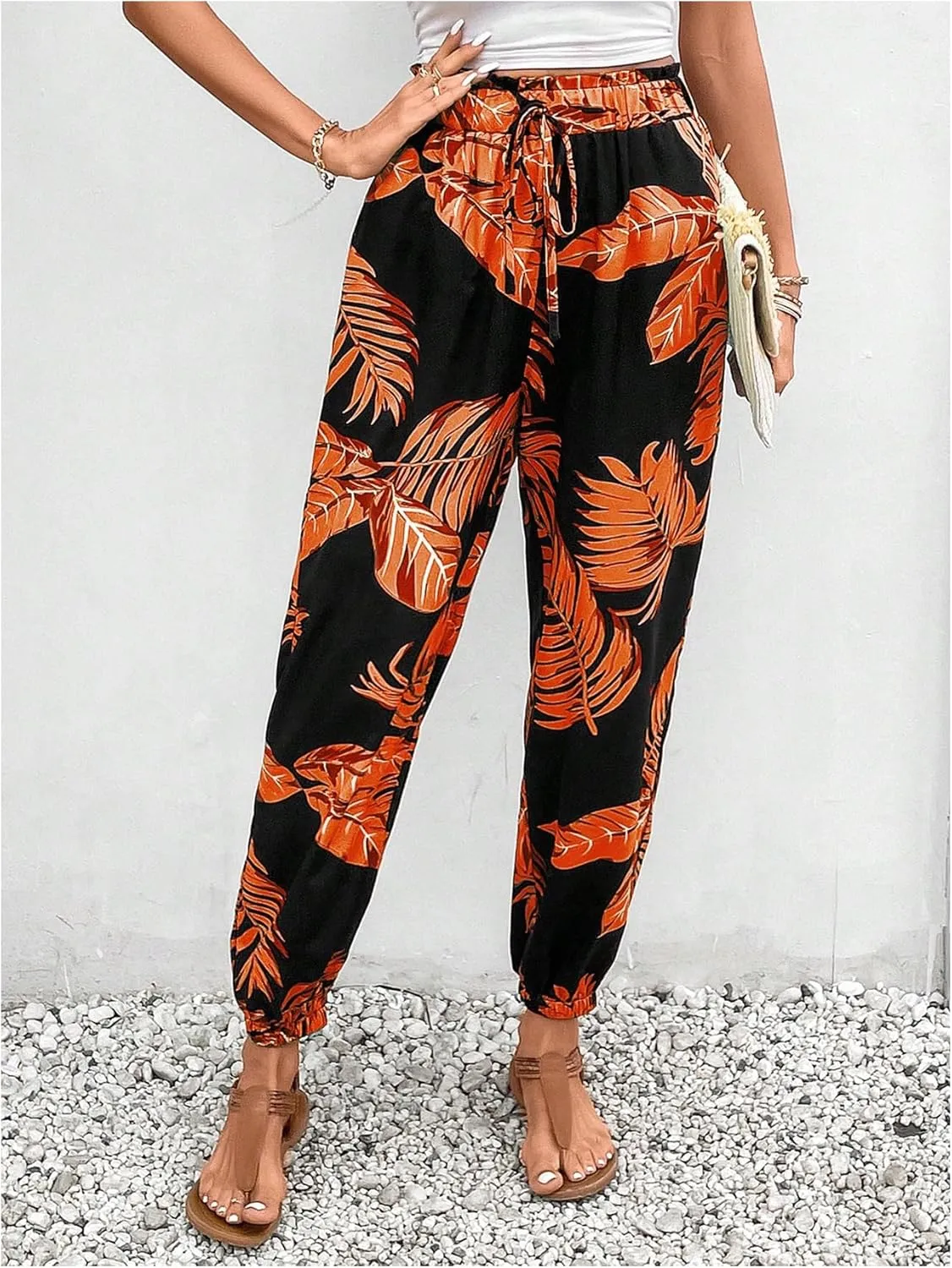 MakeMeChic Women's Summer Beach Tropical Printed Pants Hawaiian Palazzo Jogger Pant High Waist Trousers