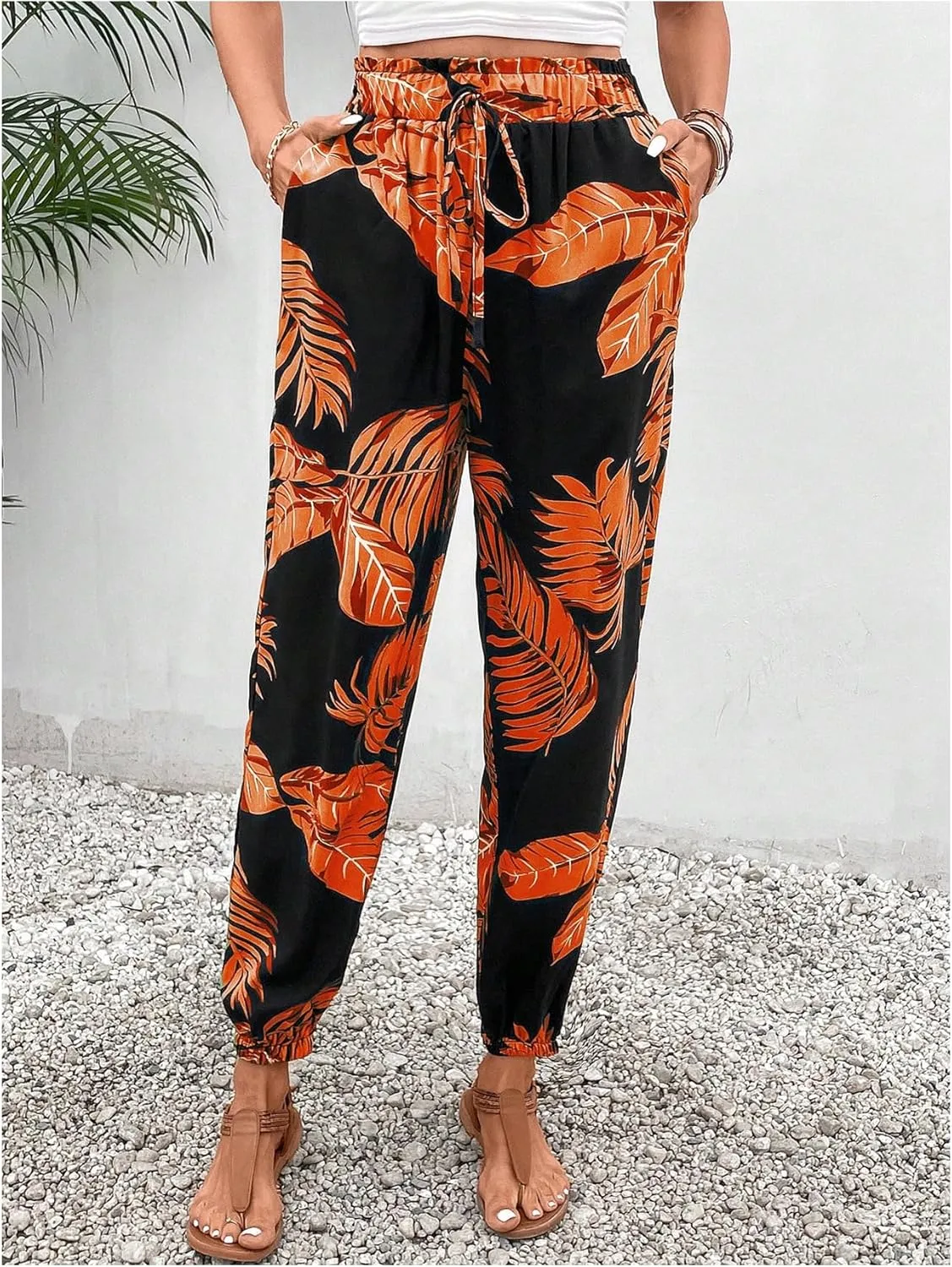 MakeMeChic Women's Summer Beach Tropical Printed Pants Hawaiian Palazzo Jogger Pant High Waist Trousers