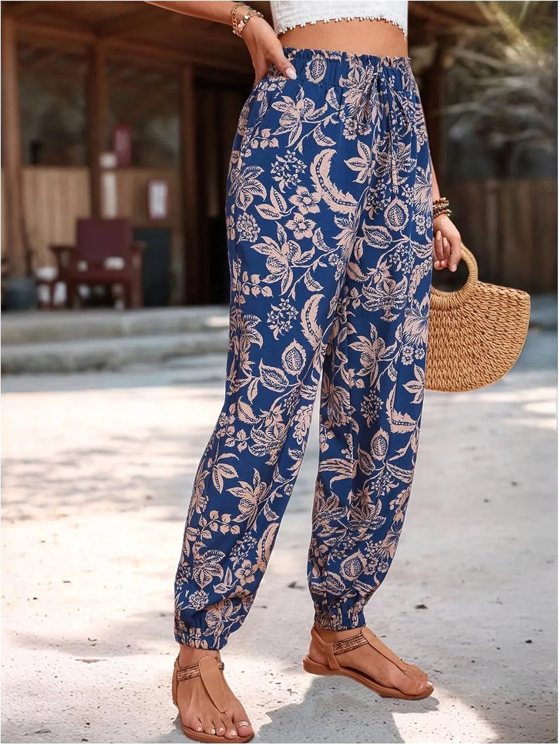 MakeMeChic Women's Summer Beach Tropical Printed Pants Hawaiian Palazzo Jogger Pant High Waist Trousers