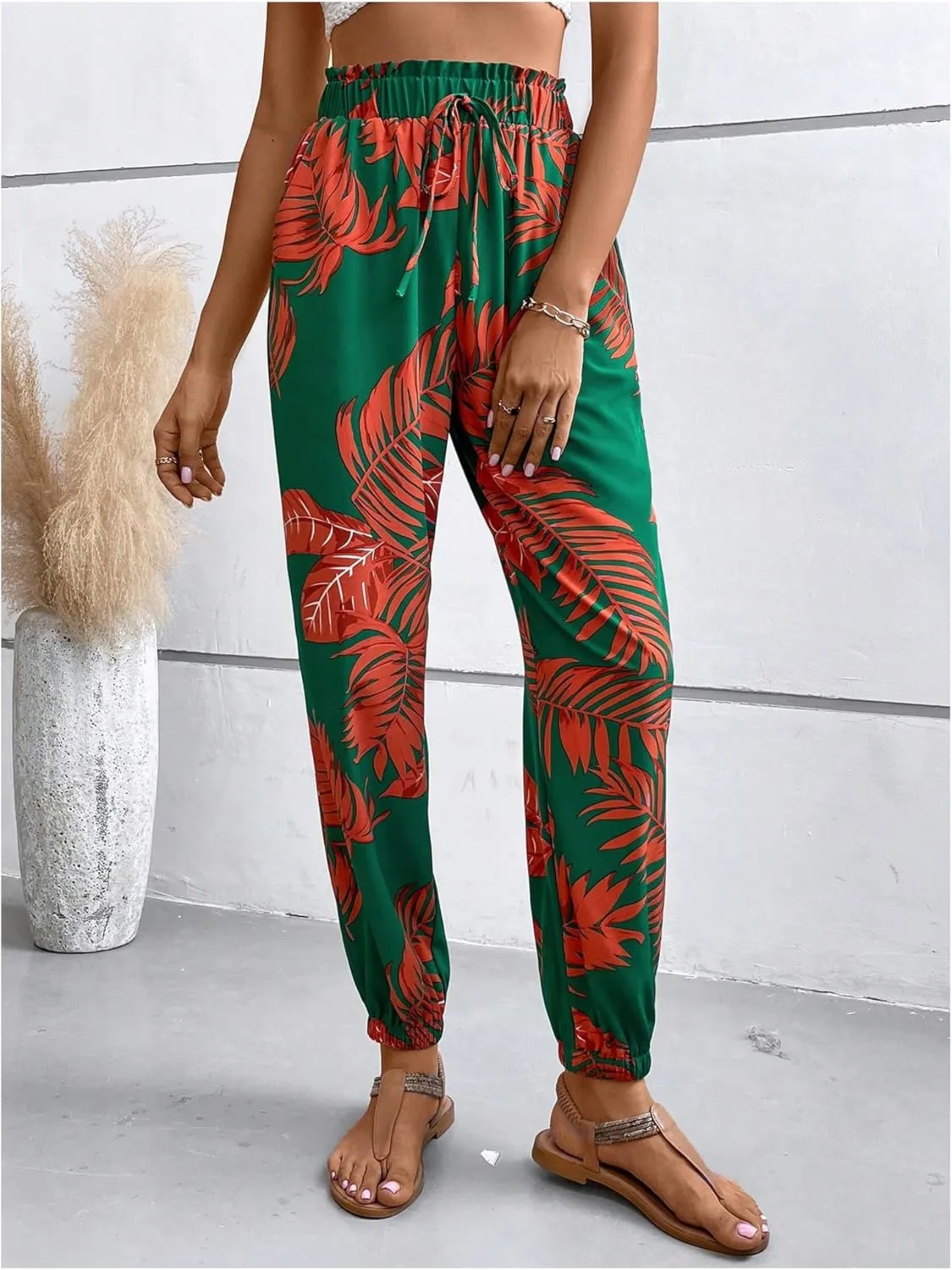 MakeMeChic Women's Summer Beach Tropical Printed Pants Hawaiian Palazzo Jogger Pant High Waist Trousers