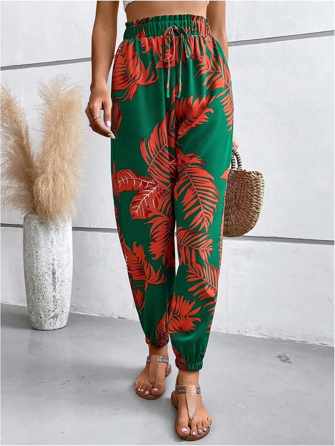 MakeMeChic Women's Summer Beach Tropical Printed Pants Hawaiian Palazzo Jogger Pant High Waist Trousers