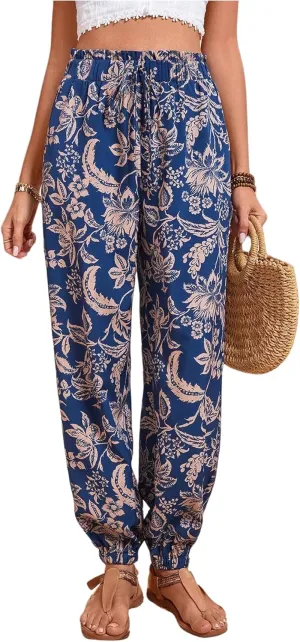 MakeMeChic Women's Summer Beach Tropical Printed Pants Hawaiian Palazzo Jogger Pant High Waist Trousers