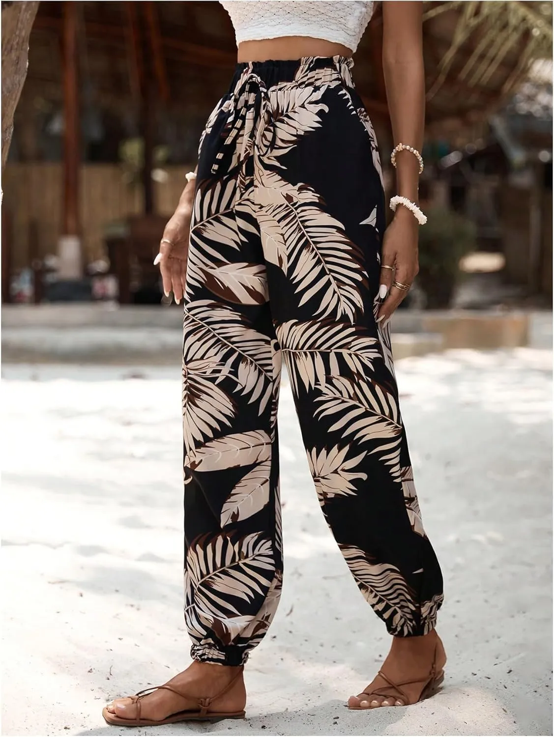 MakeMeChic Women's Summer Beach Tropical Printed Pants Hawaiian Palazzo Jogger Pant High Waist Trousers