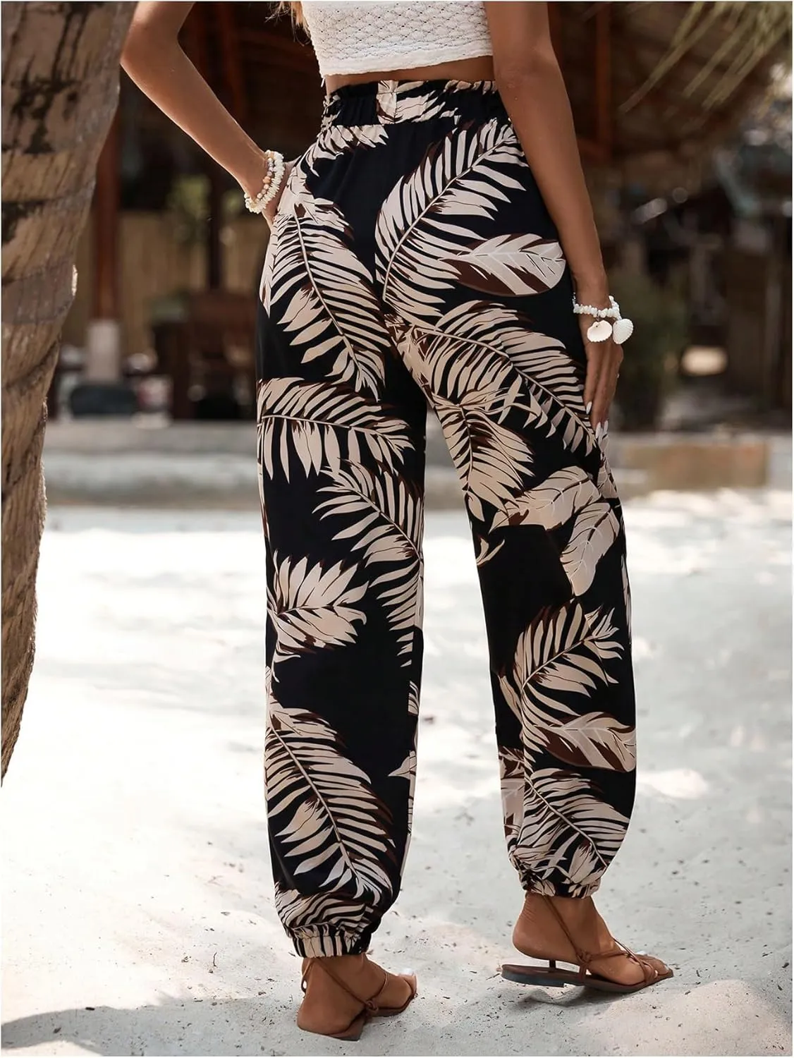 MakeMeChic Women's Summer Beach Tropical Printed Pants Hawaiian Palazzo Jogger Pant High Waist Trousers