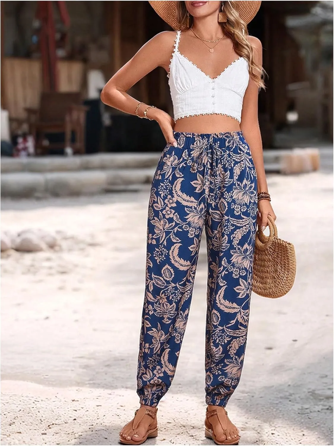 MakeMeChic Women's Summer Beach Tropical Printed Pants Hawaiian Palazzo Jogger Pant High Waist Trousers