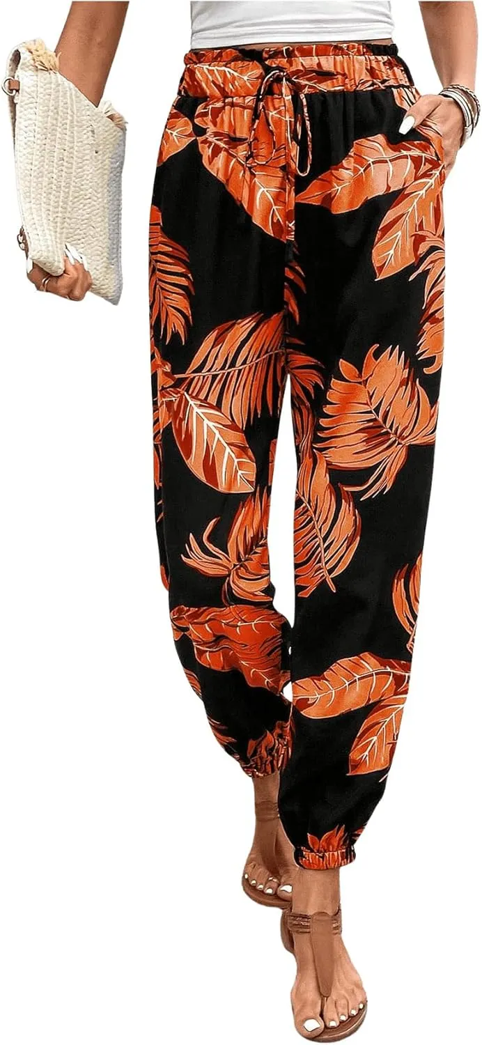 MakeMeChic Women's Summer Beach Tropical Printed Pants Hawaiian Palazzo Jogger Pant High Waist Trousers