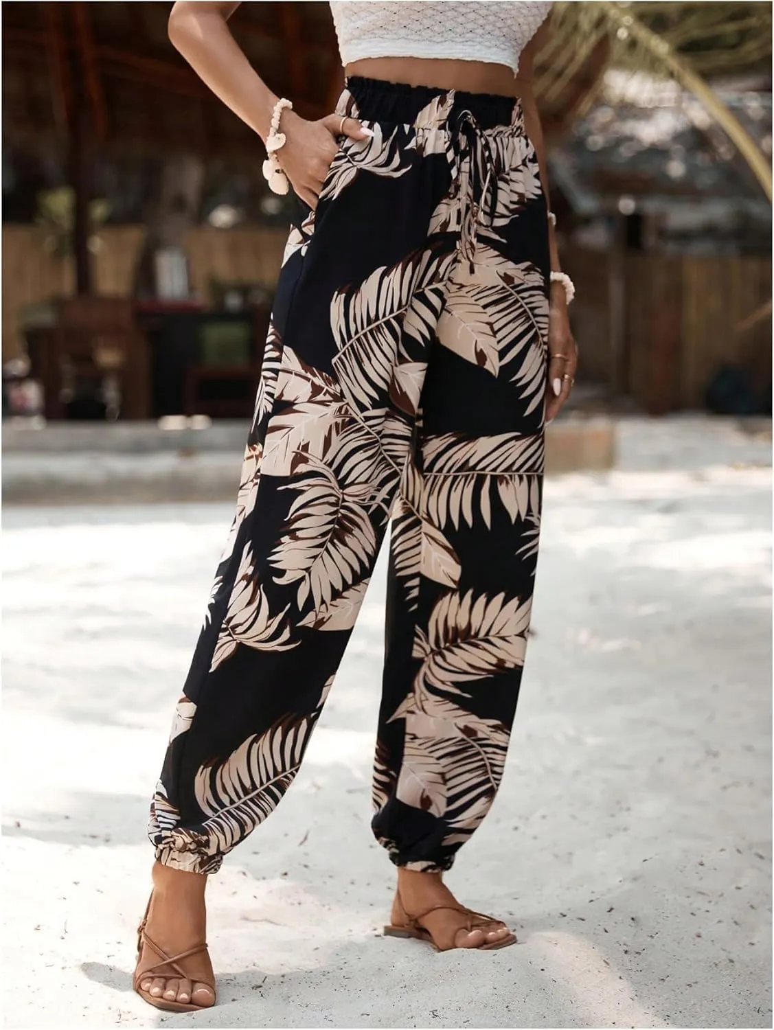 MakeMeChic Women's Summer Beach Tropical Printed Pants Hawaiian Palazzo Jogger Pant High Waist Trousers