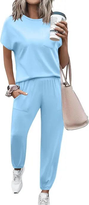 Marvmys Women's Casual Crew Neck Short Sleeve Lounge Set 2 Piece Outfits Travel Tracksuit Pants and Top Loungewear Set