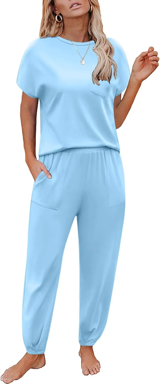 Marvmys Women's Casual Crew Neck Short Sleeve Lounge Set 2 Piece Outfits Travel Tracksuit Pants and Top Loungewear Set