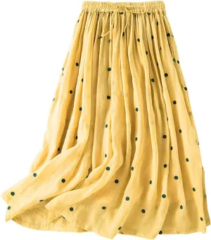 Maxi Skirts for Women Elegant Polka Dot Floral Boho Skirt Cotton Linen A-Line Swing Pleated Midi Long Skirt