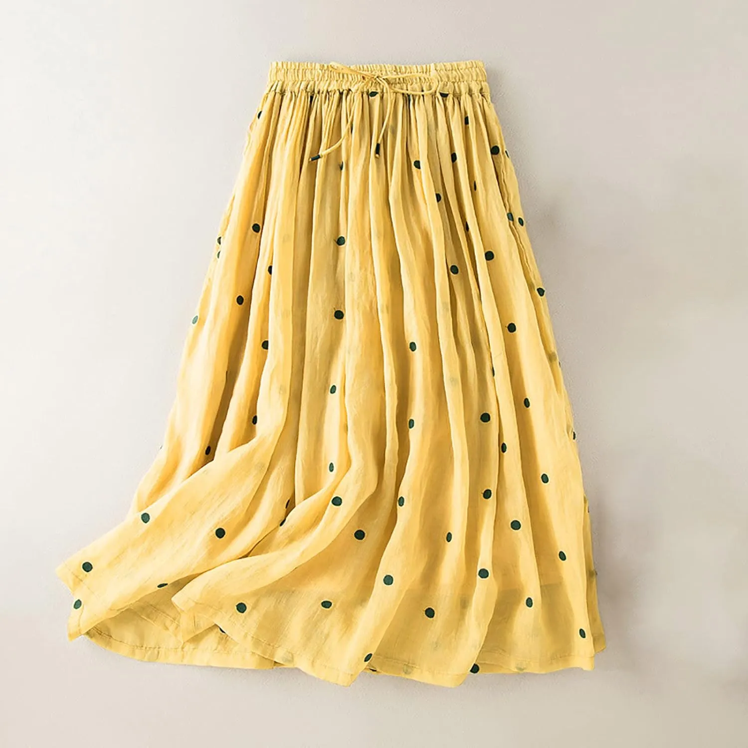 Maxi Skirts for Women Elegant Polka Dot Floral Boho Skirt Cotton Linen A-Line Swing Pleated Midi Long Skirt