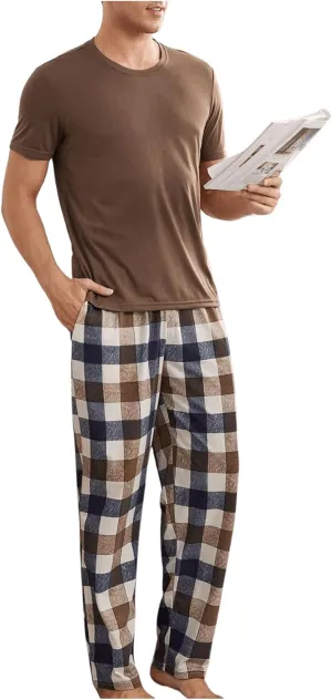 Men's 2 Piece Pajama Sets Solid Short Sleeve Shirt Top and Plaid Pants Pajamas Set Sleepwear Pj Sets
