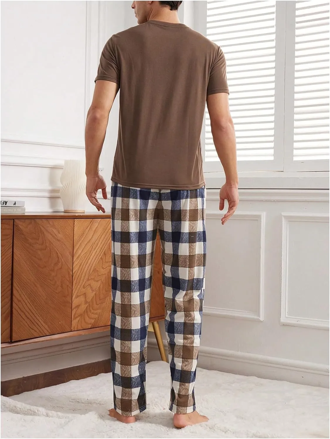 Men's 2 Piece Pajama Sets Solid Short Sleeve Shirt Top and Plaid Pants Pajamas Set Sleepwear Pj Sets